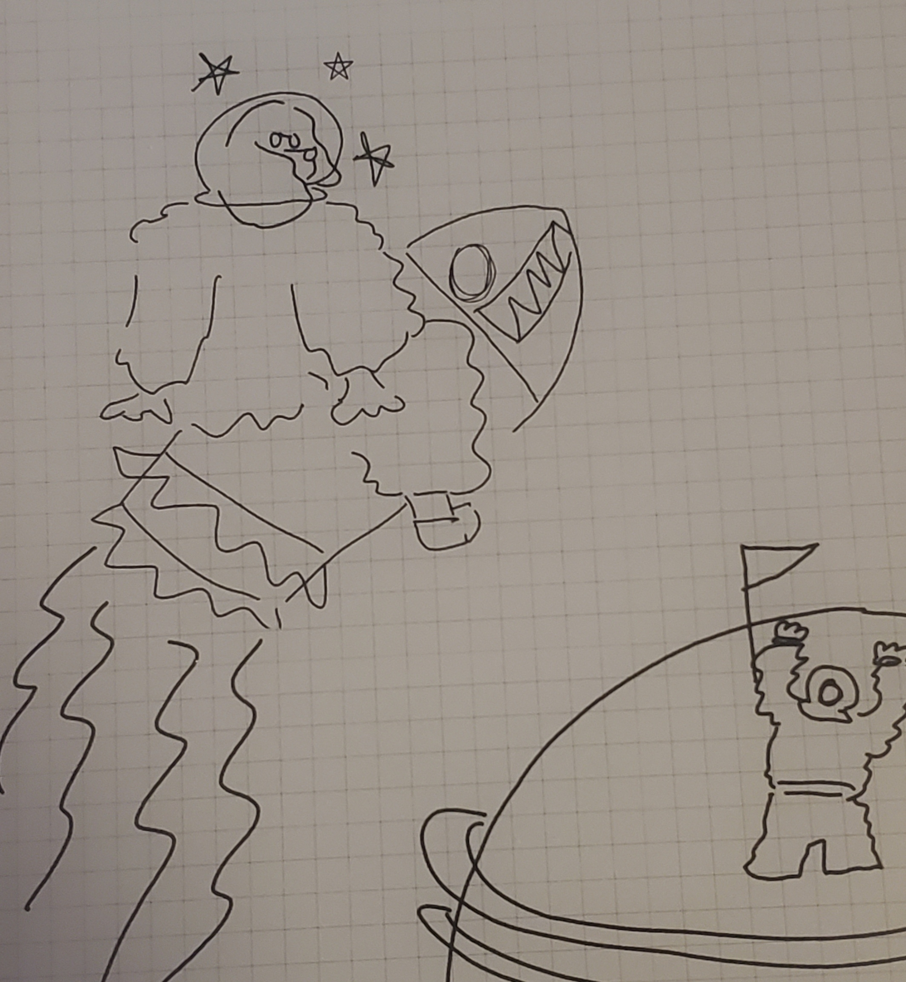 a drawing of a space cowdog and stranded marshmellow man